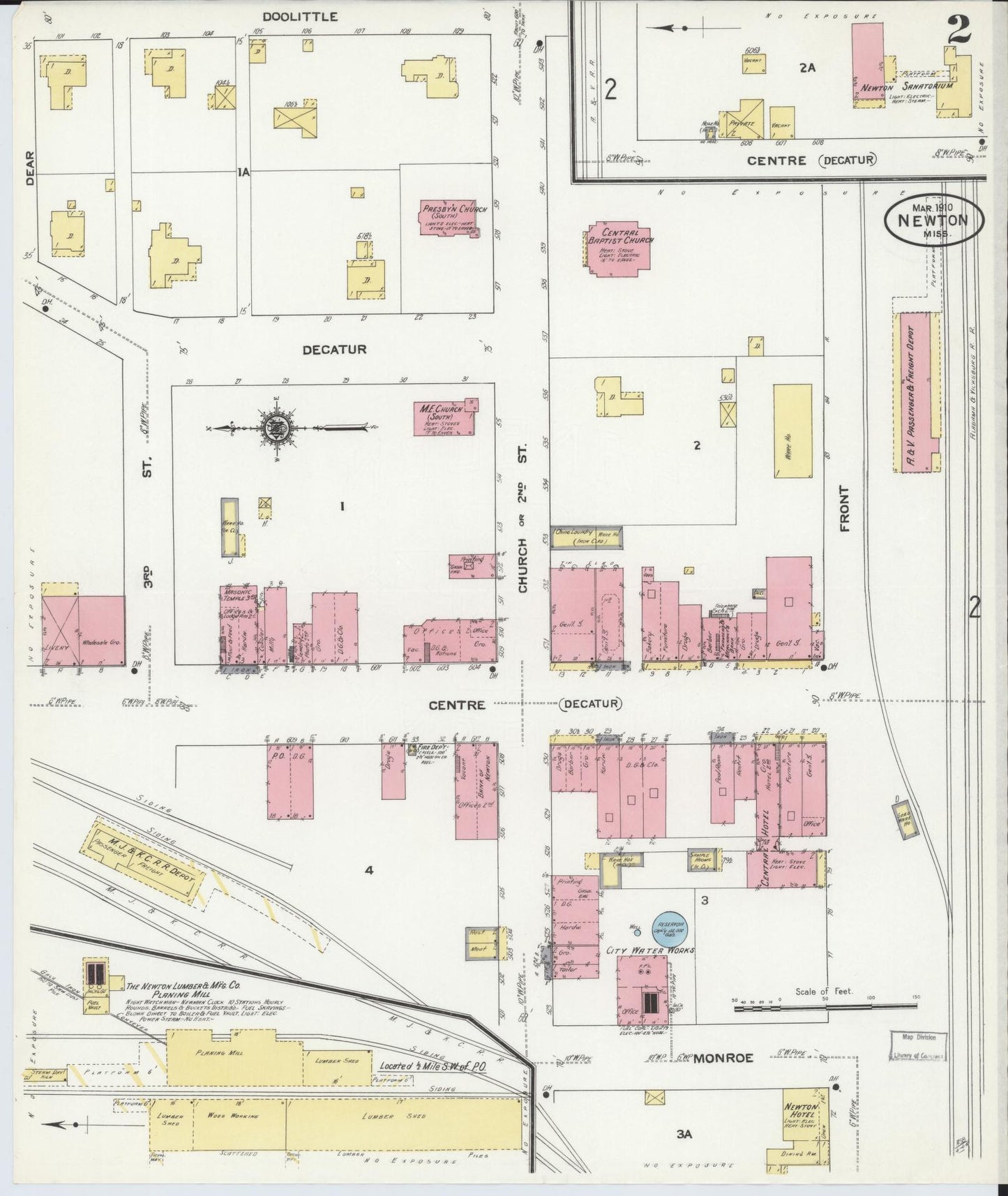 Sanborn Fire Insurance Map from Newton, Newton County, Mississippi (1910), Sheet #0002 - Historic Sanborn Fire Insurance Map Print, vintage old map wall art, antique decor, genealogy gift, Mississippi Mississippi map