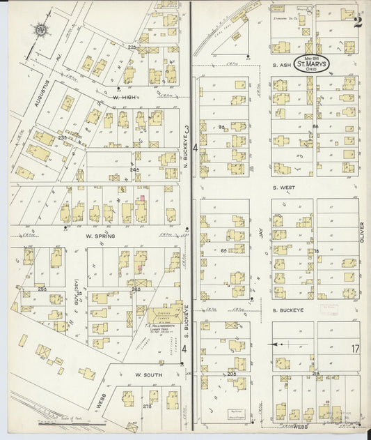 Sanborn Fire Insurance Map from Saint Marys, Auglaize County, Ohio (1914), Sheet #0002 - Historic Sanborn Fire Insurance Map Print, vintage old map wall art, antique decor, genealogy gift, Ohio Ohio map