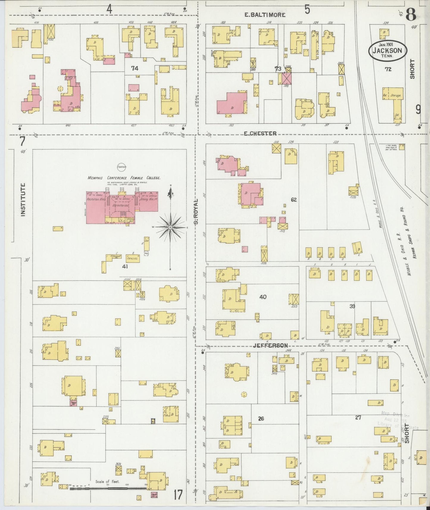 Sanborn Fire Insurance Map from Jackson, Madison County, Tennessee (1901), Sheet #0008 - Complete Map Set gallery image, historic Sanborn map, vintage wall art, Tennessee Tennessee