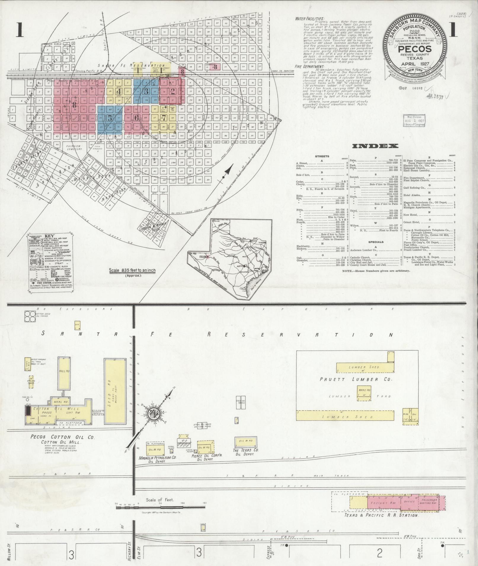 Sanborn Fire Insurance Map from Pecos, Reeves County, Texas (1927), Sheet #0001 - Historic Sanborn Fire Insurance Map Print, vintage old map wall art, antique decor, genealogy gift, Texas Texas map