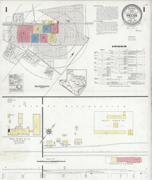 Sanborn Fire Insurance Map from Pecos, Reeves County, Texas (1927), Sheet #0001 - Historic Sanborn Fire Insurance Map Print, vintage old map wall art, antique decor, genealogy gift, Texas Texas map