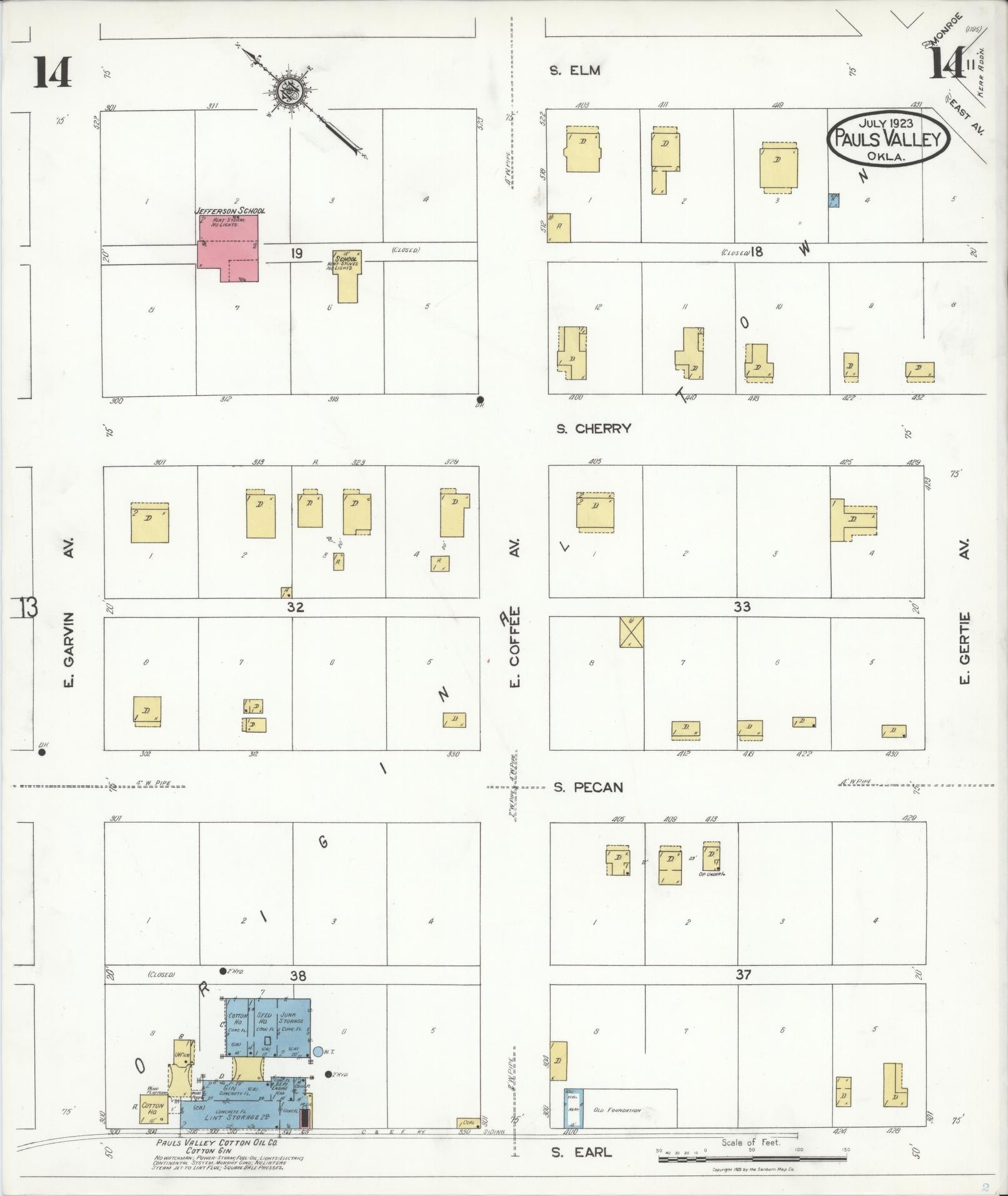 Sanborn Fire Insurance Map from Pauls Valley, Garvin County, Oklahoma (1923), Sheet #0014 - Historic Sanborn Fire Insurance Map Print, vintage old map wall art, antique decor, genealogy gift, Oklahoma Oklahoma map
