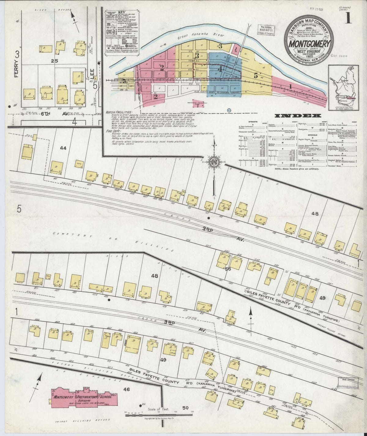 Sanborn Fire Insurance Map from Montgomery, Fayette County, West Virginia (1920), Sheet #0001 - Historic Sanborn Fire Insurance Map Print, vintage old map wall art, antique decor, genealogy gift, West Virginia West Virginia map