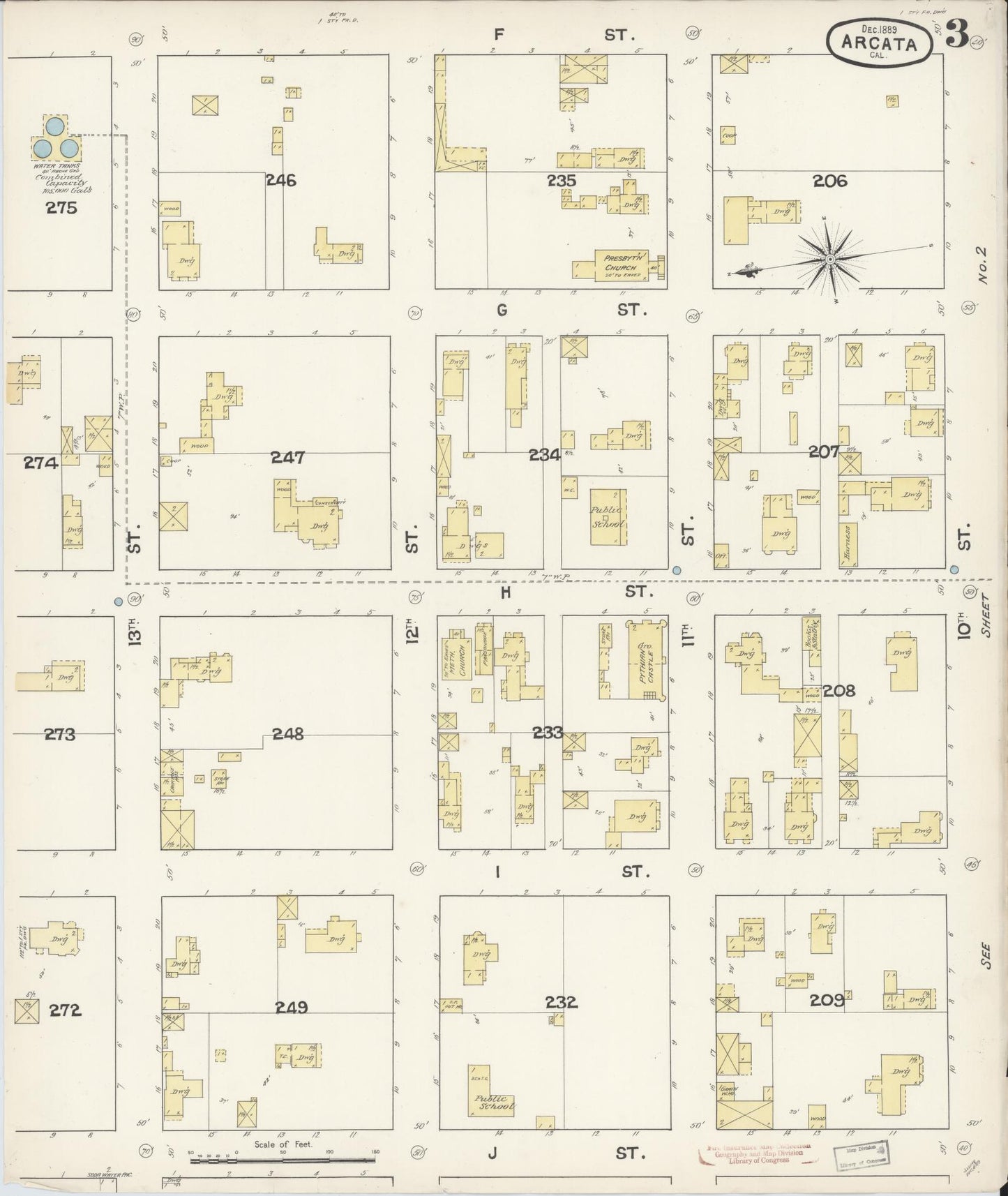 Sanborn Fire Insurance Map from Arcata, Humboldt County, California (1889), Sheet #0003 - Historic Sanborn Fire Insurance Map Print, vintage old map wall art, antique decor, genealogy gift, California California map