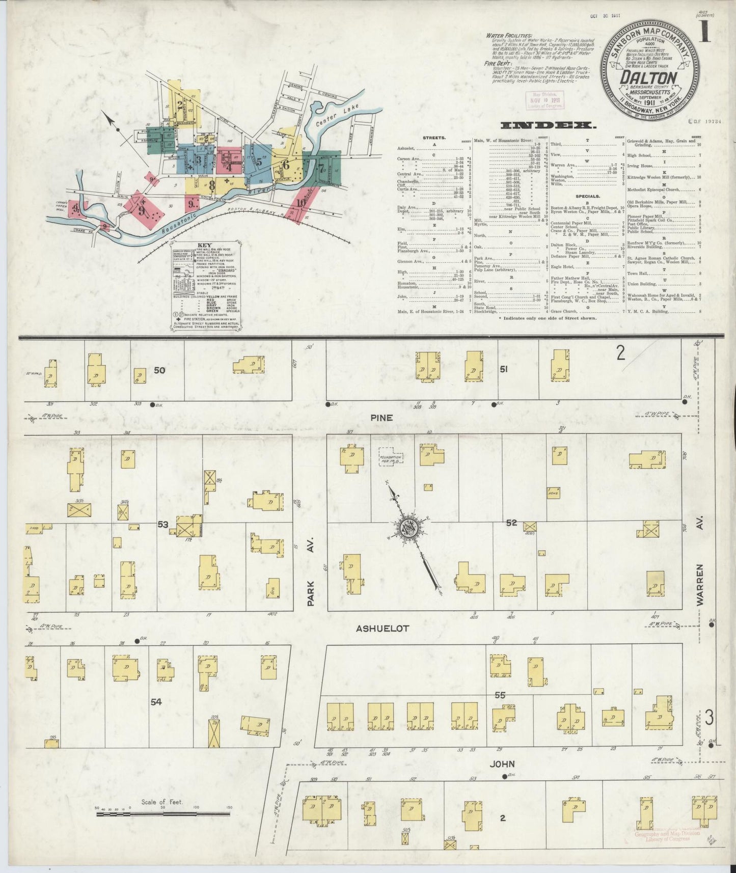 Sanborn Fire Insurance Map from Dalton, Berkshire County, Massachusetts (1911), Sheet #0001 - Complete Map Set gallery image, historic Sanborn map, vintage wall art, Massachusetts Massachusetts