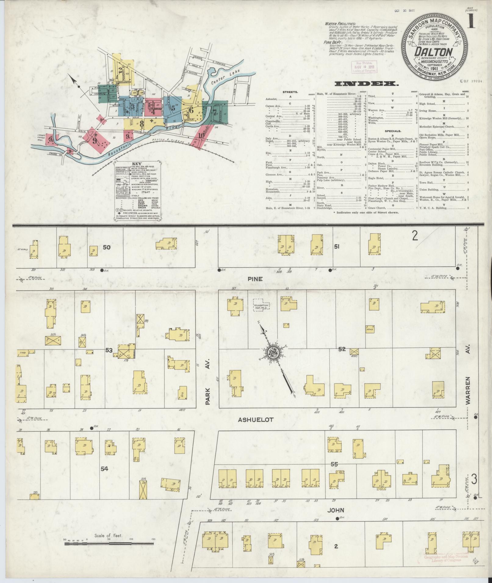 Sanborn Fire Insurance Map from Dalton, Berkshire County, Massachusetts (1911), Sheet #0001 - Complete Map Set gallery image, historic Sanborn map, vintage wall art, Massachusetts Massachusetts