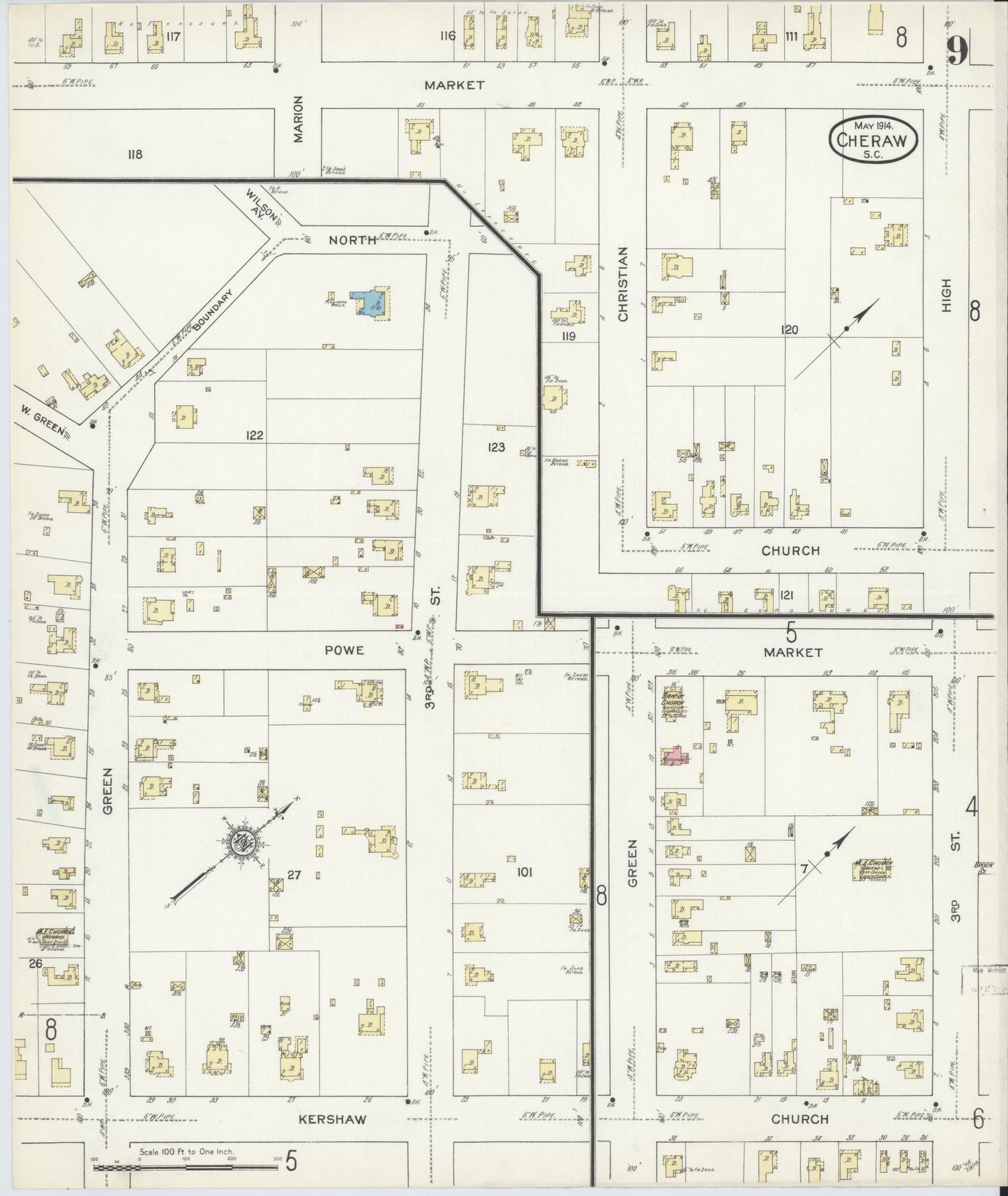 Sanborn Fire Insurance Map from Cheraw, Chesterfield County, South Carolina (1914), Sheet #0009 - Complete Map Set gallery image, historic Sanborn map, vintage wall art, South Carolina South Carolina