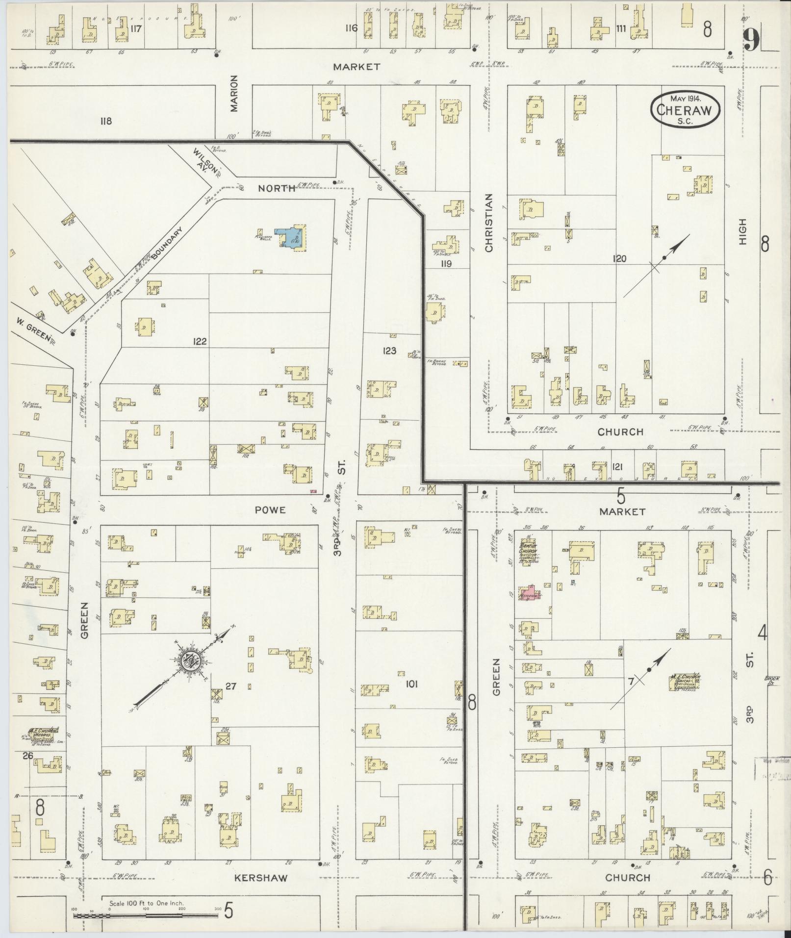 Sanborn Fire Insurance Map from Cheraw, Chesterfield County, South Carolina (1914), Sheet #0009 - Complete Map Set gallery image, historic Sanborn map, vintage wall art, South Carolina South Carolina