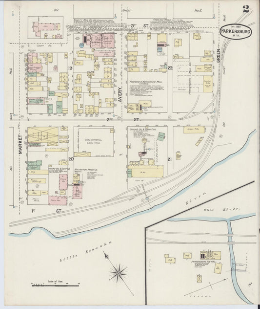 Sanborn Fire Insurance Map from Parkersburg, Wood County, West Virginia (1889), Sheet #0002 - Historic Sanborn Fire Insurance Map Print, vintage old map wall art, antique decor, genealogy gift, West Virginia West Virginia map