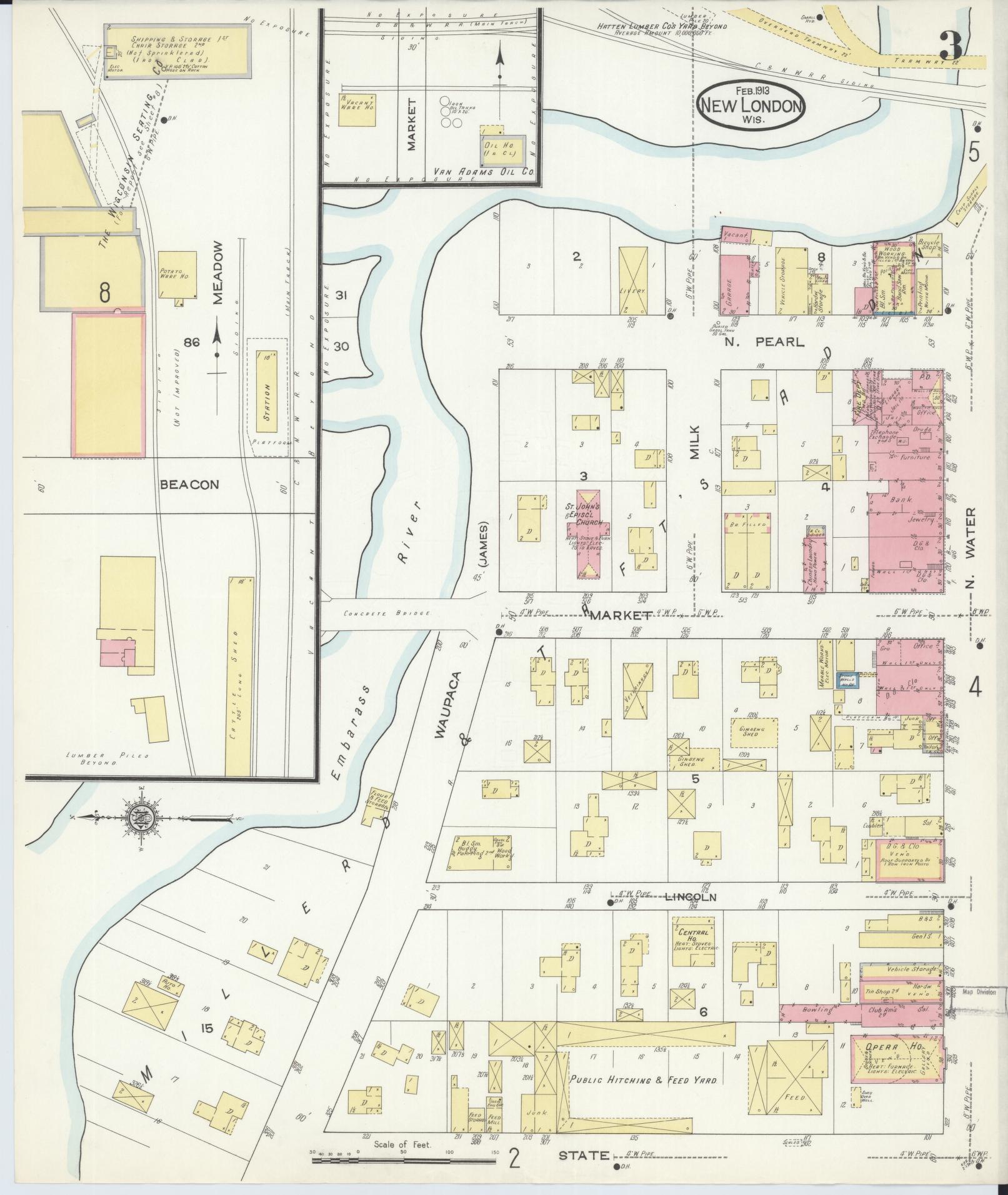 Sanborn Fire Insurance Map from New London, Waupaca and Outagamie Counties, Wisconsin (1913), Sheet #0003 - Historic Sanborn Fire Insurance Map Print, vintage old map wall art, antique decor, genealogy gift, Wisconsin Wisconsin map