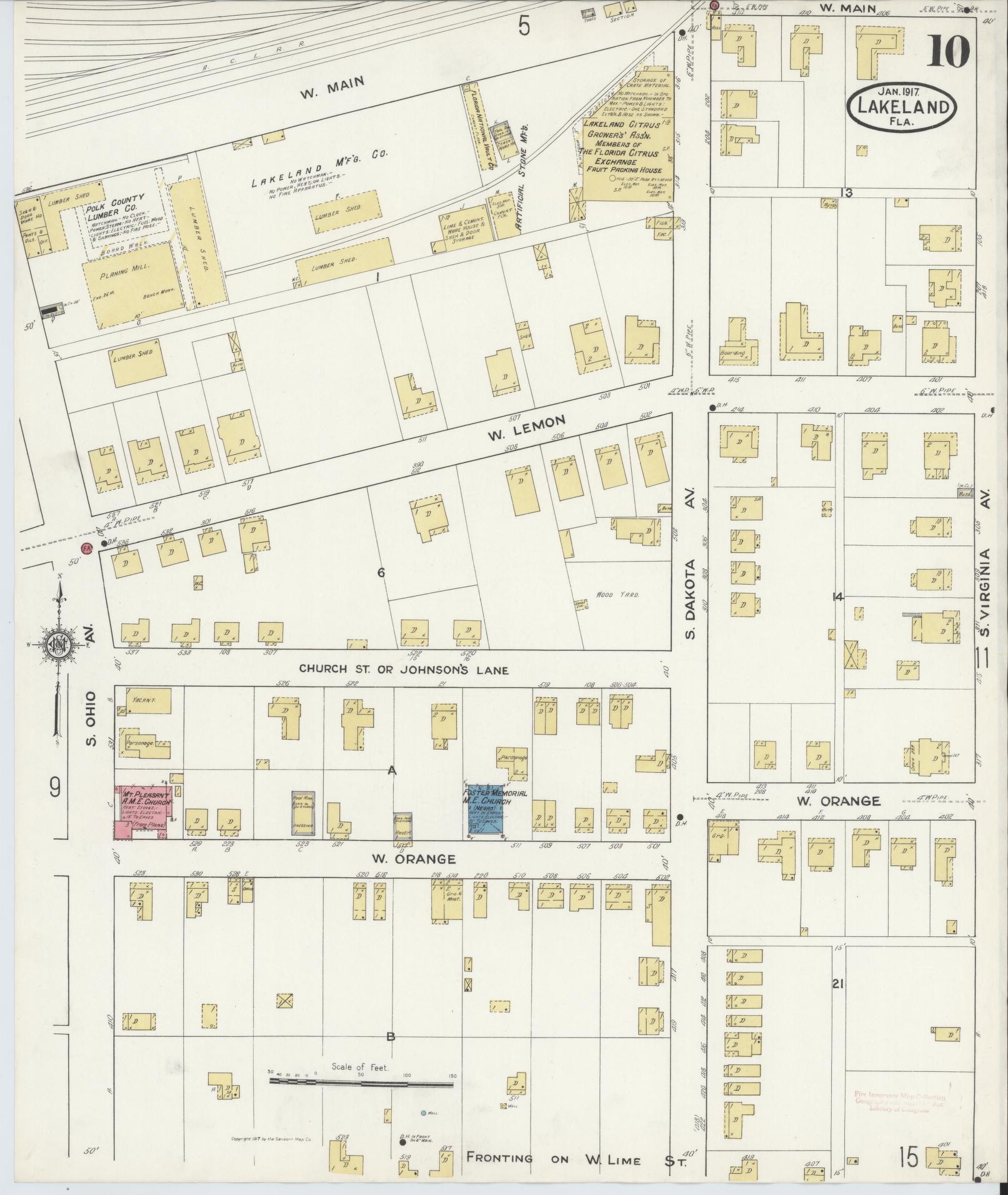 Sanborn Fire Insurance Map from Lakeland, Polk County, Florida (1917), Sheet #0010 - Historic Sanborn Fire Insurance Map Print, vintage old map wall art, antique decor, genealogy gift, Florida Florida map