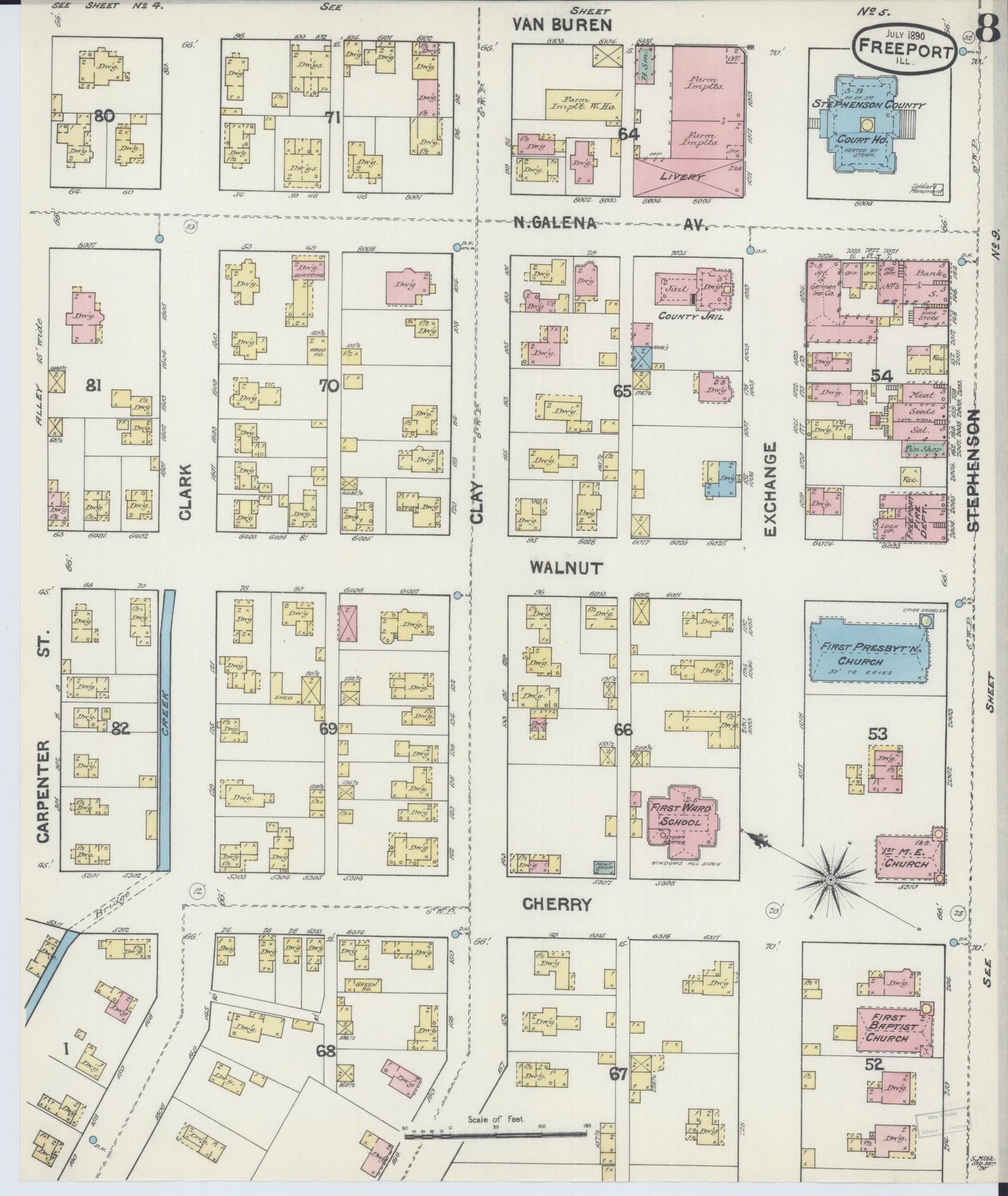 Sanborn Fire Insurance Map from Freeport, Stephenson County, Illinois (1890), Sheet #0008 - Complete Map Set gallery image, historic Sanborn map, vintage wall art, Illinois Illinois