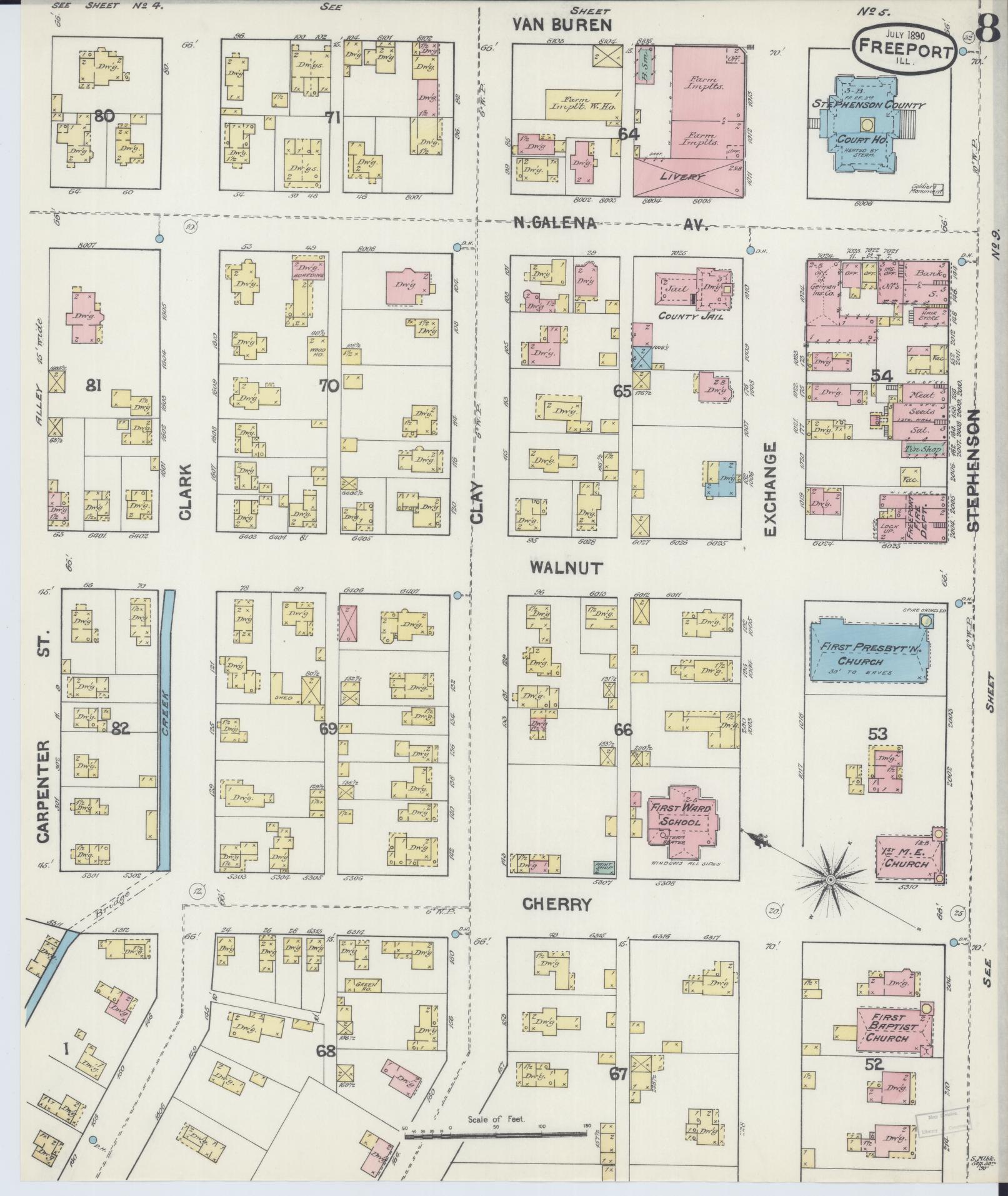 Sanborn Fire Insurance Map from Freeport, Stephenson County, Illinois (1890), Sheet #0008 - Complete Map Set gallery image, historic Sanborn map, vintage wall art, Illinois Illinois