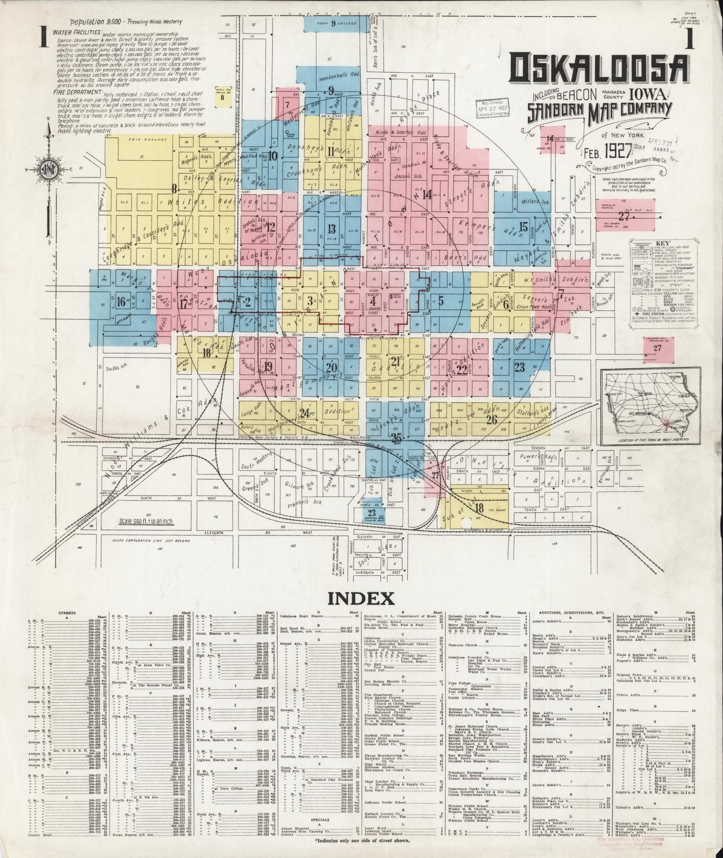 Sanborn Fire Insurance Map from Oskaloosa, Mahaska County, Iowa (1927), Sheet #0001 - Historic Sanborn Fire Insurance Map Print