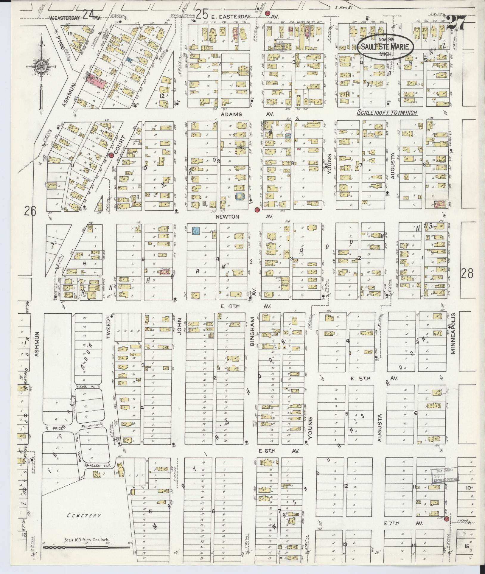 Sanborn Fire Insurance Map from Sault Sainte Marie, Chippewa County, Michigan (1915), Sheet #0027 - Complete Map Set gallery image, historic Sanborn map, vintage wall art, Michigan Michigan