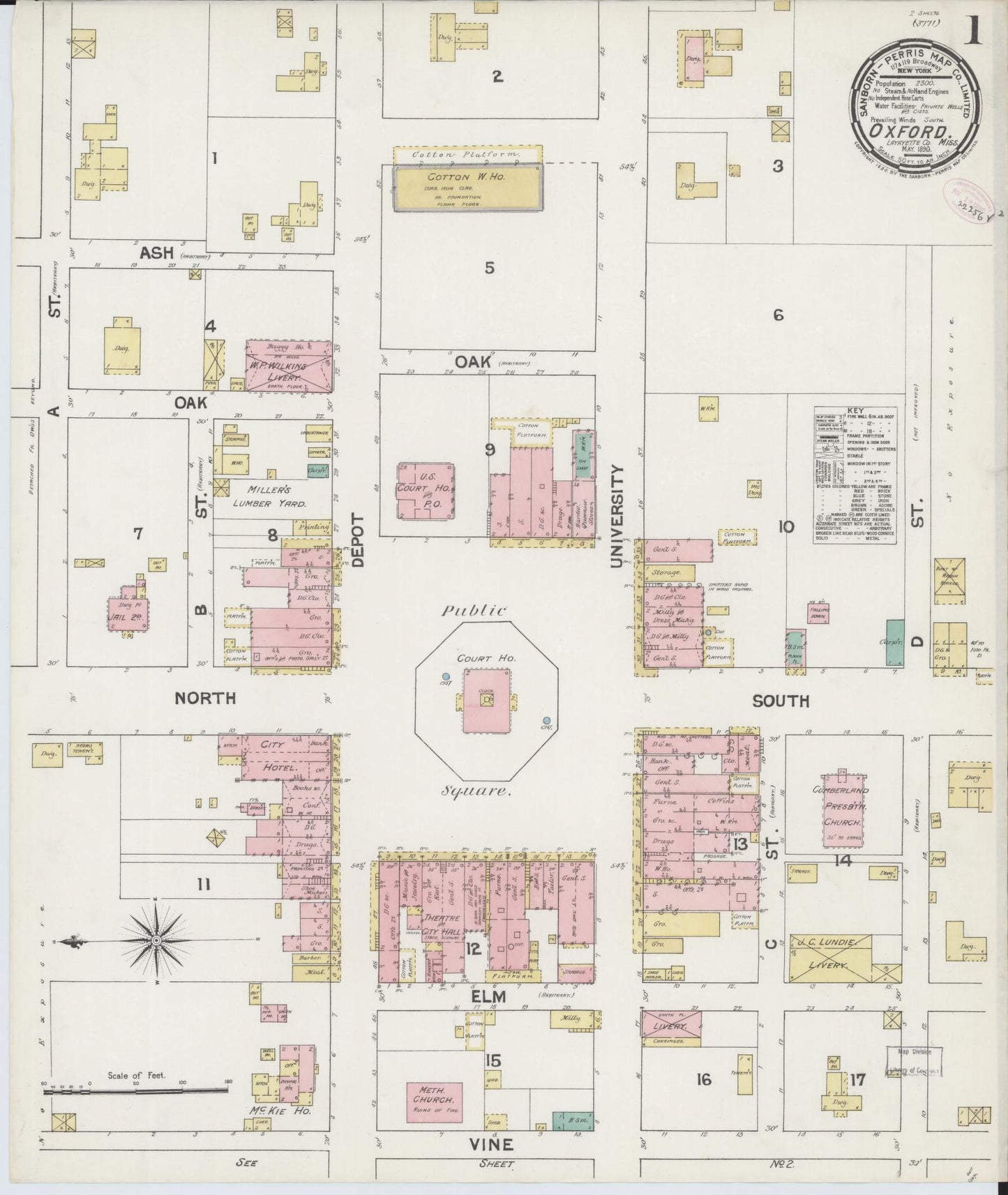 Sanborn Fire Insurance Map from Oxford, Lafayette County, Mississippi (1890), Sheet #0001 - Complete Map Set gallery image, historic Sanborn map, vintage wall art, Mississippi Mississippi