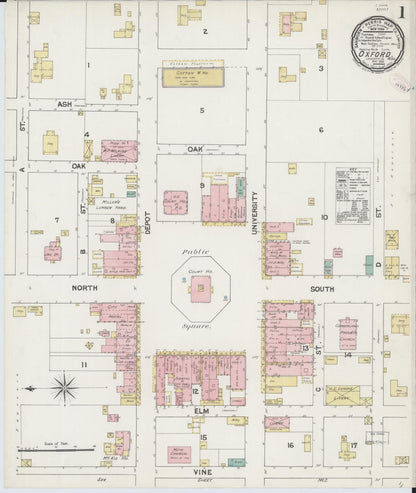 Sanborn Fire Insurance Map from Oxford, Lafayette County, Mississippi (1890), Sheet #0001 - Complete Map Set gallery image, historic Sanborn map, vintage wall art, Mississippi Mississippi