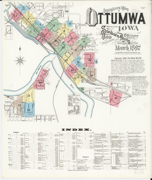 Sanborn Fire Insurance Map from Ottumwa, Wapello County, Iowa (1897), Sheet #0001 - Historic Sanborn Fire Insurance Map Print, vintage old map wall art