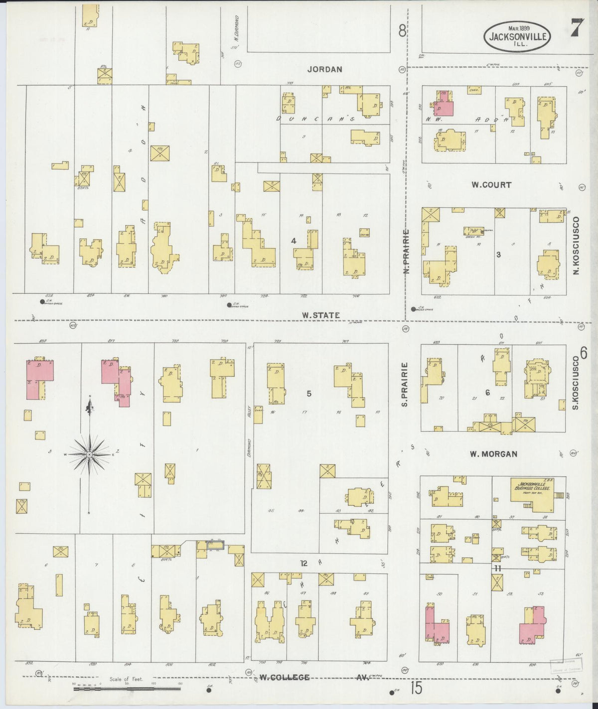 Sanborn Fire Insurance Map from Jacksonville, Morgan County, Illinois (1899), Sheet #0007 - Historic Sanborn Fire Insurance Map Print, vintage old map wall art, antique decor, genealogy gift, Illinois Illinois map