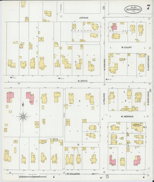 Sanborn Fire Insurance Map from Jacksonville, Morgan County, Illinois (1899), Sheet #0007 - Historic Sanborn Fire Insurance Map Print, vintage old map wall art, antique decor, genealogy gift, Illinois Illinois map