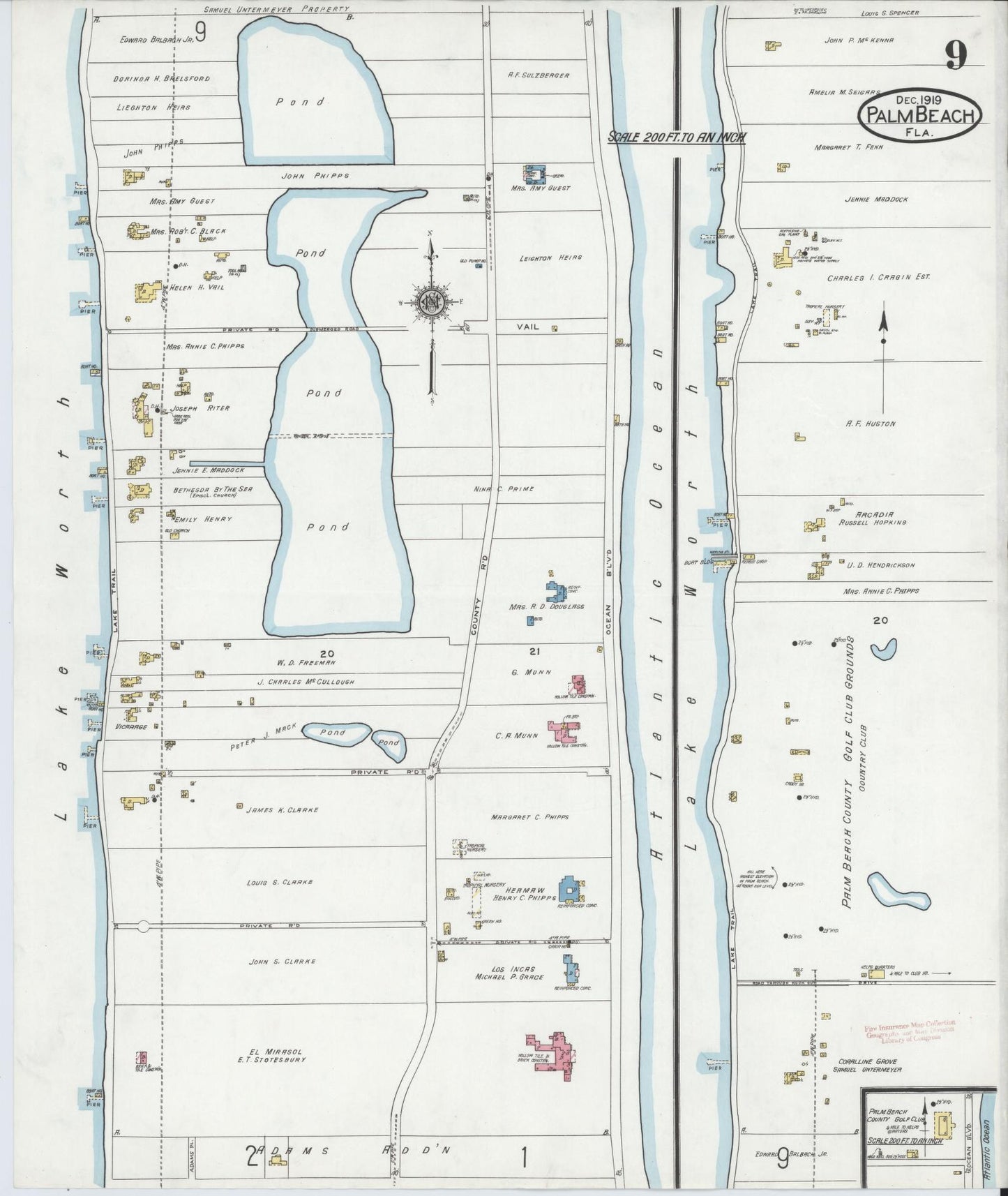 Sanborn Fire Insurance Map from Palm Beach, Palm Beach County, Florida (1919), Sheet #0009 - Historic Sanborn Fire Insurance Map Print, vintage old map wall art, antique decor, genealogy gift, Florida Florida map