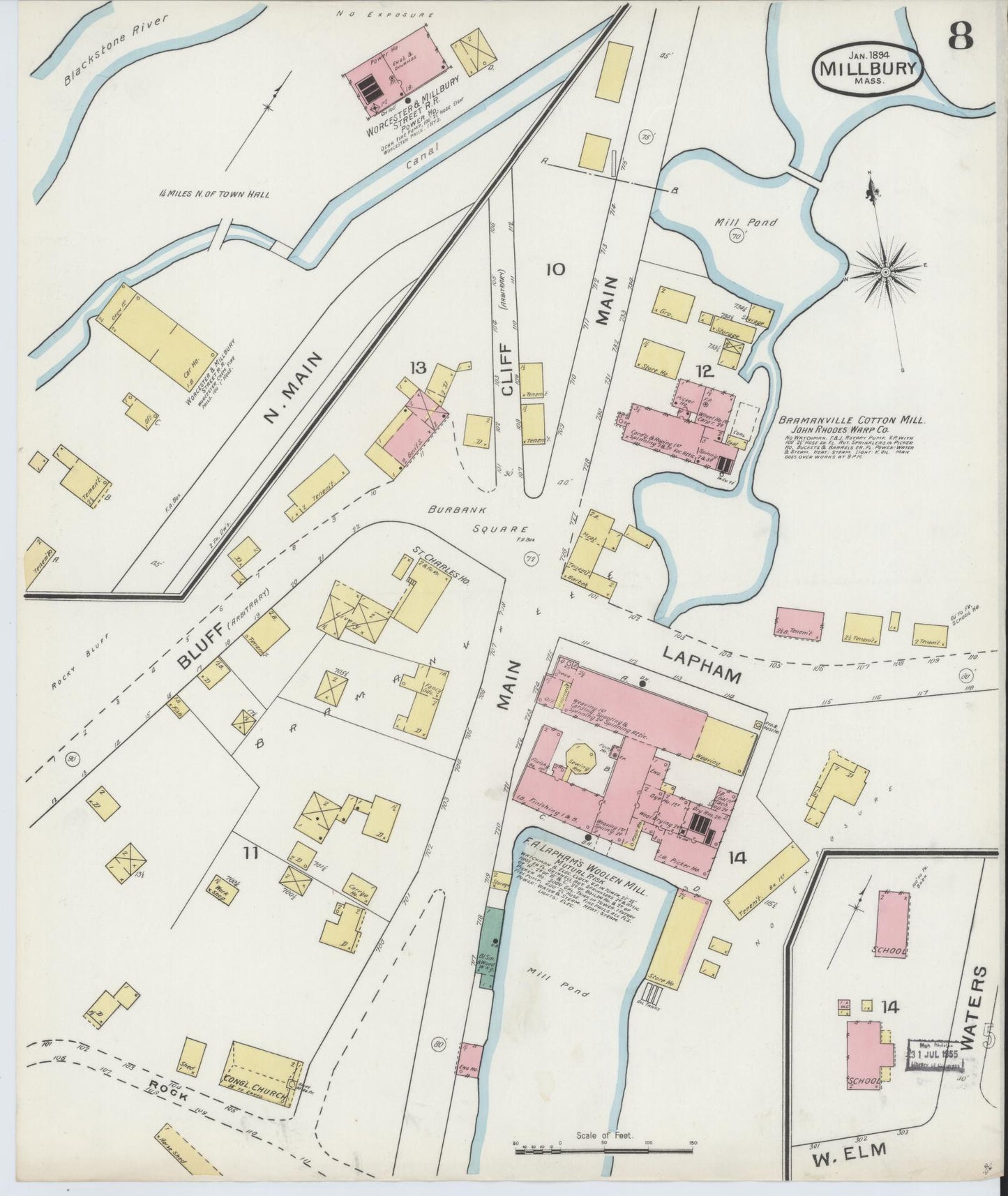 Sanborn Fire Insurance Map from Millbury, Worcester County, Massachusetts (1894), Sheet #0008 - Historic Sanborn Fire Insurance Map Print, vintage old map wall art, antique decor, genealogy gift, Massachusetts Massachusetts map