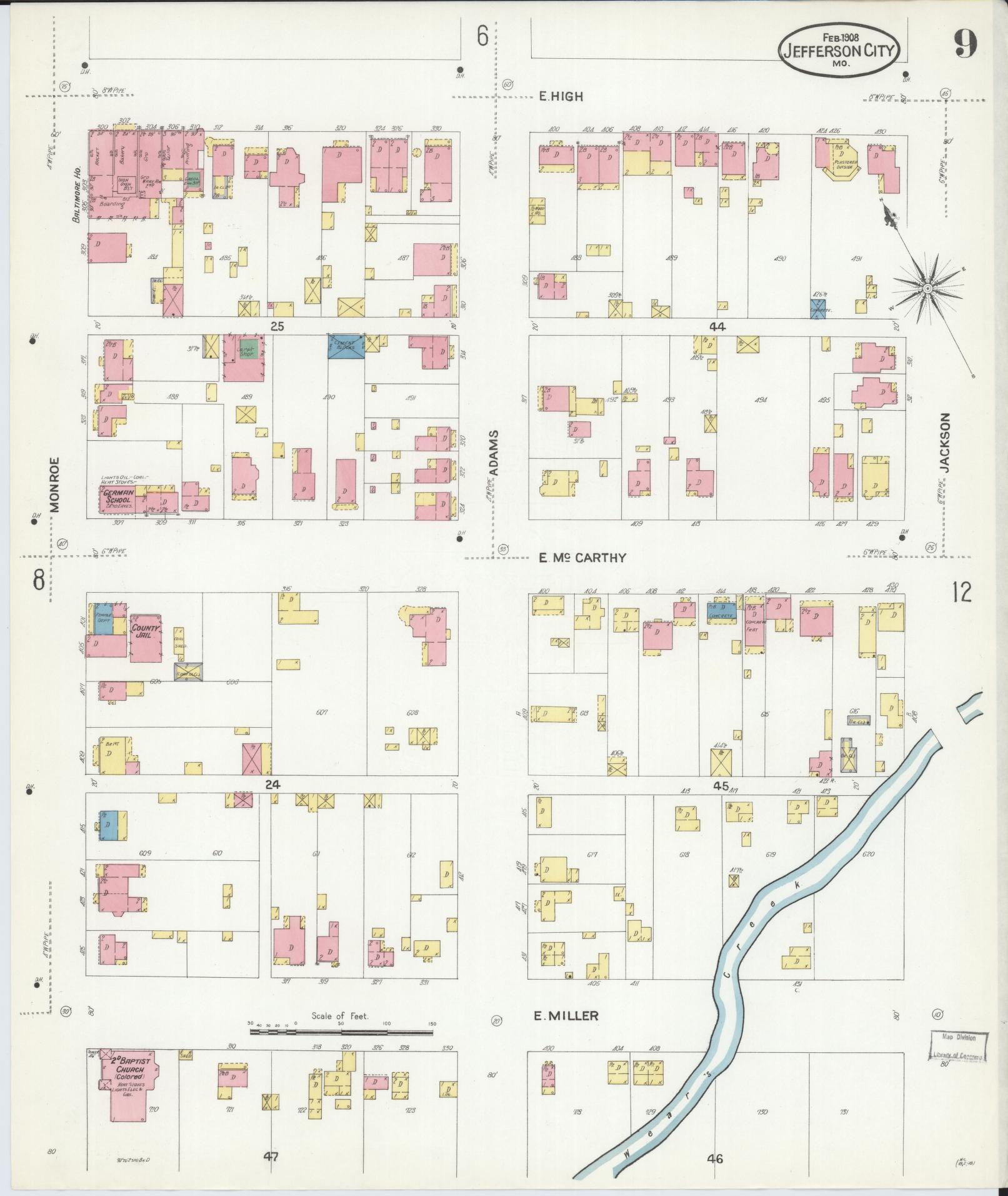 Sanborn Fire Insurance Map from Jefferson City, Cole County, Missouri (1908), Sheet #0009 - Historic Sanborn Fire Insurance Map Print, vintage old map wall art, antique decor, genealogy gift, Missouri Missouri map