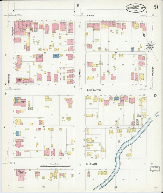 Sanborn Fire Insurance Map from Jefferson City, Cole County, Missouri (1908), Sheet #0009 - Historic Sanborn Fire Insurance Map Print, vintage old map wall art, antique decor, genealogy gift, Missouri Missouri map