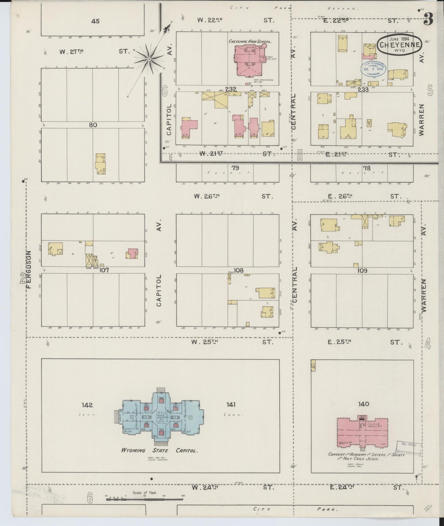 Sanborn Fire Insurance Map from Cheyenne, Laramie County, Wyoming (1894), Sheet #0003 - Complete Map Set gallery image, historic Sanborn map, vintage wall art, Wyoming Wyoming