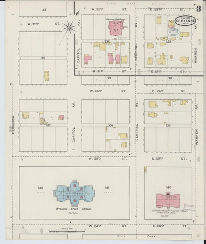 Sanborn Fire Insurance Map from Cheyenne, Laramie County, Wyoming (1894), Sheet #0003 - Complete Map Set gallery image, historic Sanborn map, vintage wall art, Wyoming Wyoming