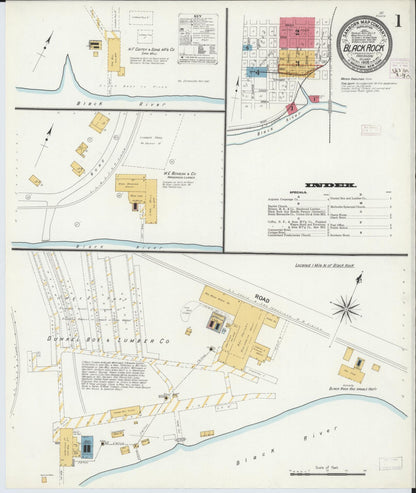 Sanborn Fire Insurance Map from Black Rock, Lawrence County, Arkansas (1908), Sheet #0001 - Complete Map Set gallery image, historic Sanborn map, vintage wall art, Arkansas Arkansas