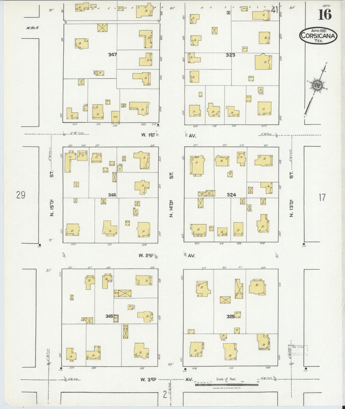 Sanborn Fire Insurance Map from Corsicana, Navarro County, Texas (1921), Sheet #0016 - Complete Map Set gallery image, historic Sanborn map, vintage wall art, Texas Texas