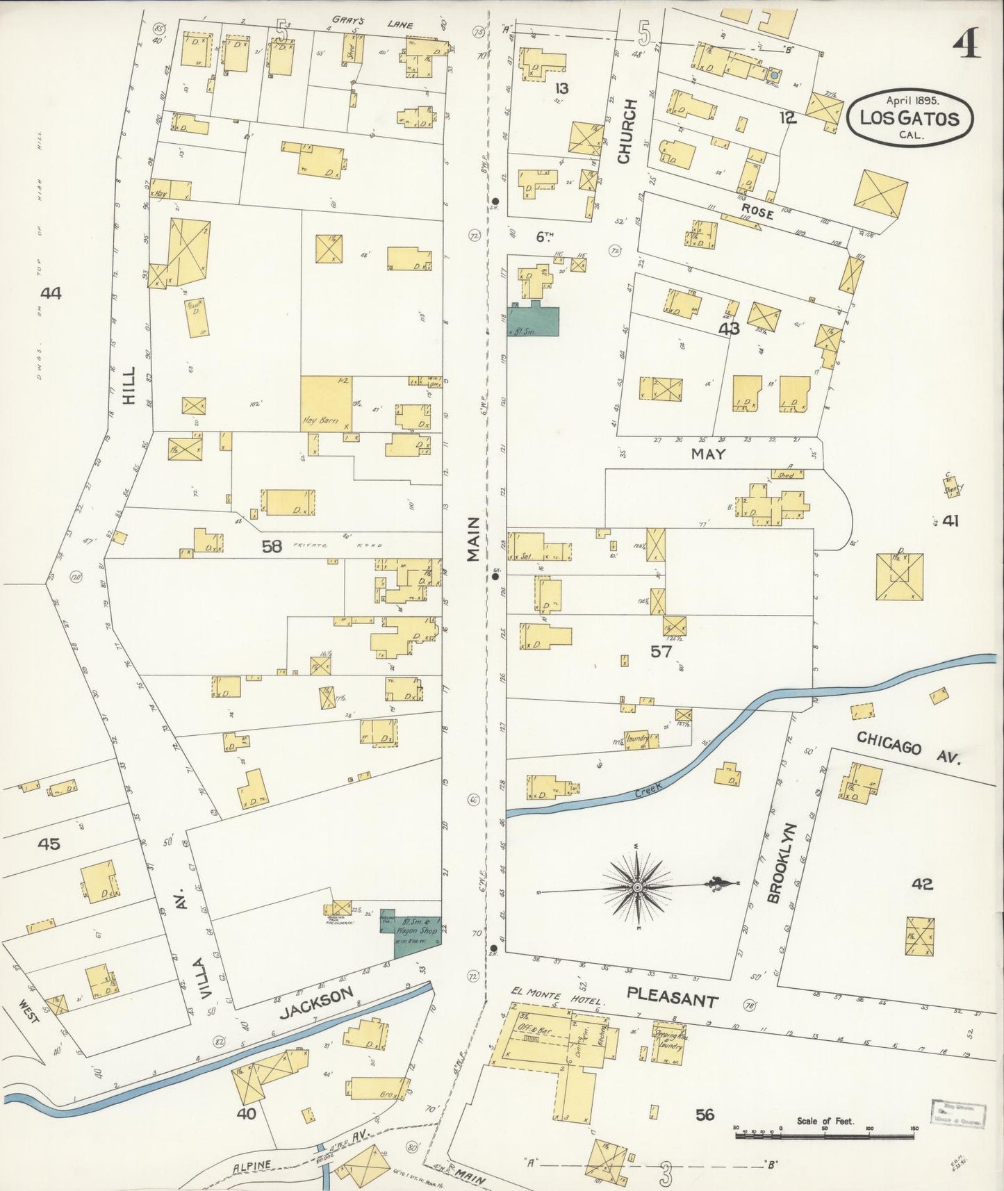 Sanborn Fire Insurance Map from Los Gatos, Santa Clara County, California (1895), Sheet #0004 - Historic Sanborn Fire Insurance Map Print, vintage old map wall art, antique decor, genealogy gift, California California map