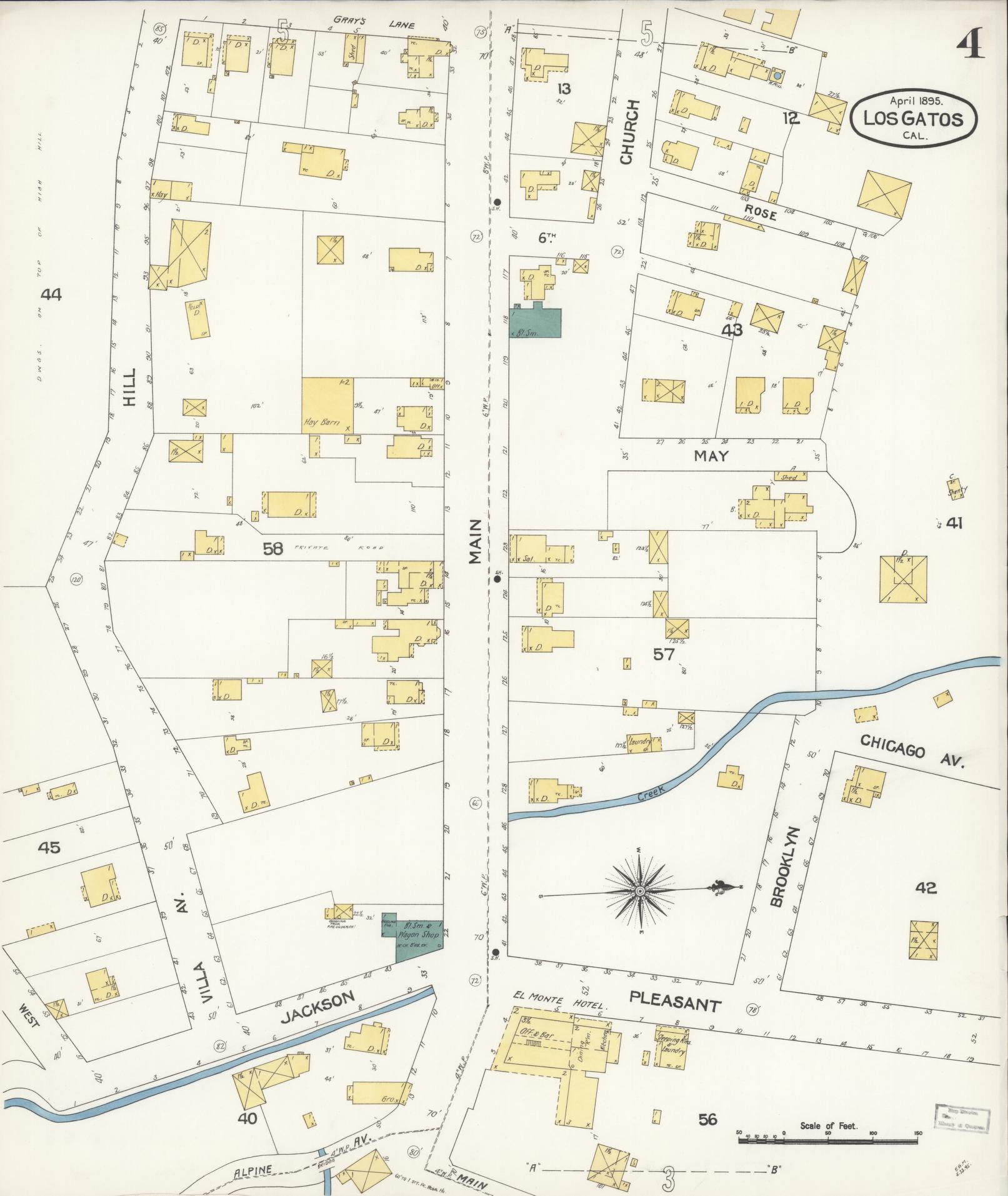 Sanborn Fire Insurance Map from Los Gatos, Santa Clara County, California (1895), Sheet #0004 - Historic Sanborn Fire Insurance Map Print, vintage old map wall art, antique decor, genealogy gift, California California map