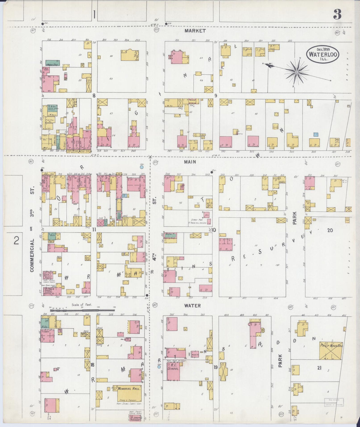 Sanborn Fire Insurance Map from Waterloo, Monroe County, Illinois (1899), Sheet #0003 - Historic Sanborn Fire Insurance Map Print, vintage old map wall art, antique decor, genealogy gift, Illinois Illinois map