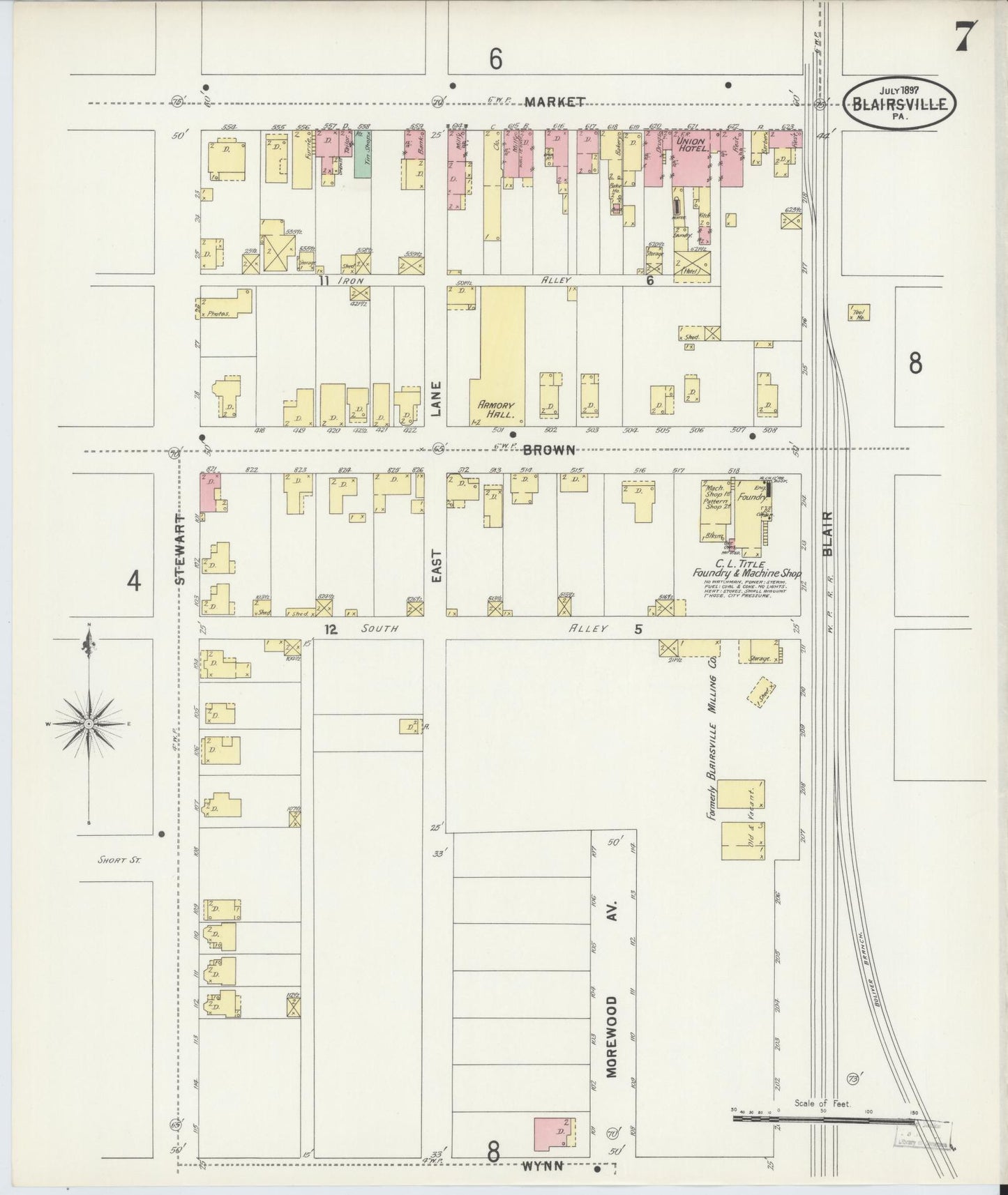 Sanborn Fire Insurance Map from Blairsville, Indiana County, Pennsylvania (1897), Sheet #0007 - Historic Sanborn Fire Insurance Map Print, vintage old map wall art, antique decor, genealogy gift, Pennsylvania Pennsylvania map