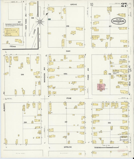 Sanborn Fire Insurance Map from Ogdensburg, St. Lawrence County, New York (1909), Sheet #0027 - Historic Sanborn Fire Insurance Map Print, vintage old map wall art, antique decor, genealogy gift, New York New York map