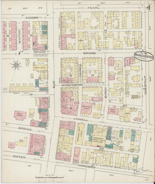 Sanborn Fire Insurance Map from Manchester, Hillsborough County, New Hampshire (1885), Sheet #0004 - Historic Sanborn Fire Insurance Map Print, vintage old map wall art, antique decor, genealogy gift, New Hampshire New Hampshire map