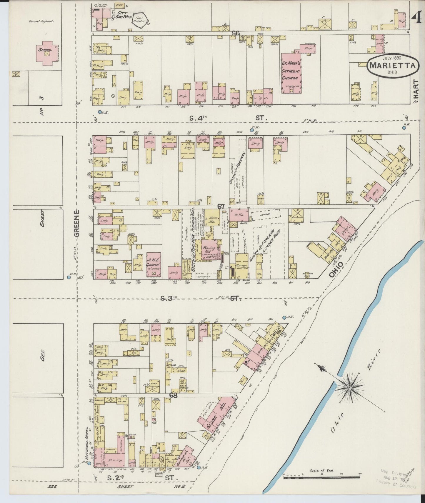 Sanborn Fire Insurance Map from Marietta, Washington County, Ohio (1890), Sheet #0004 - Historic Sanborn Fire Insurance Map Print, vintage old map wall art, antique decor, genealogy gift, Ohio Ohio map