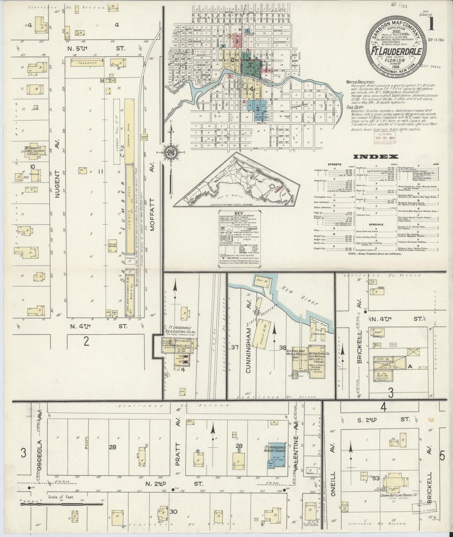 Sanborn Fire Insurance Map from Fort Lauderdale, Broward County, Florida (1914), Sheet #0001 - Complete Map Set gallery image, historic Sanborn map, vintage wall art, Florida Florida