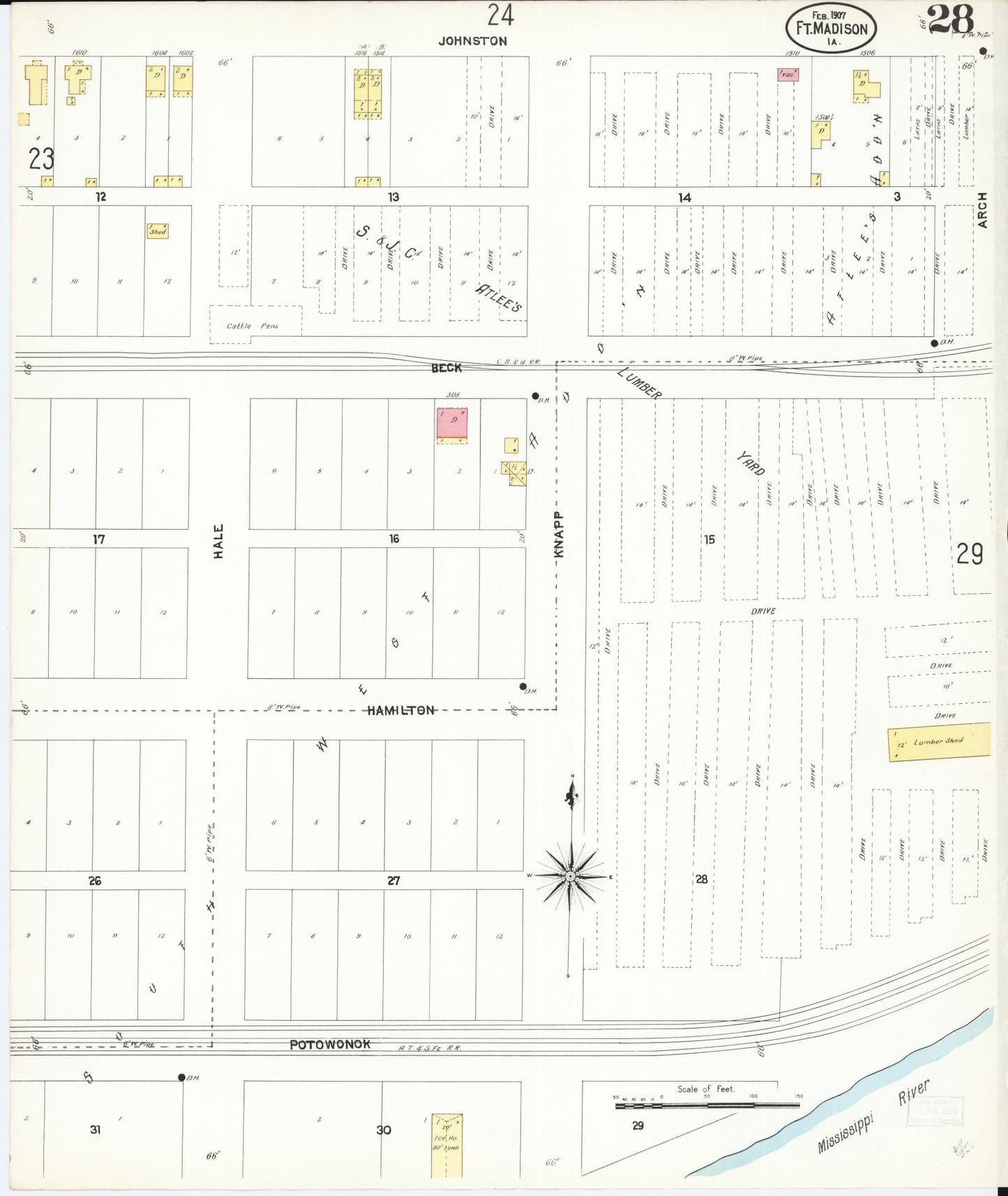 Sanborn Fire Insurance Map from Fort Madison, Lee County, Iowa (1907), Sheet #0028 - Historic Sanborn Fire Insurance Map Print, vintage old map wall art