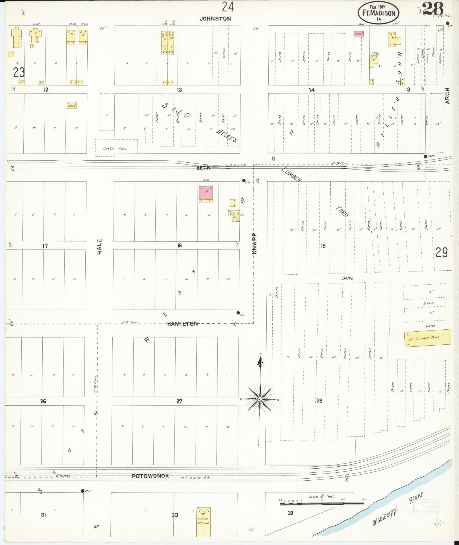 Sanborn Fire Insurance Map from Fort Madison, Lee County, Iowa (1907), Sheet #0028 - Historic Sanborn Fire Insurance Map Print, vintage old map wall art