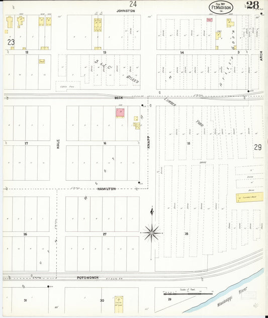 Sanborn Fire Insurance Map from Fort Madison, Lee County, Iowa (1907), Sheet #0028 - Historic Sanborn Fire Insurance Map Print, vintage old map wall art
