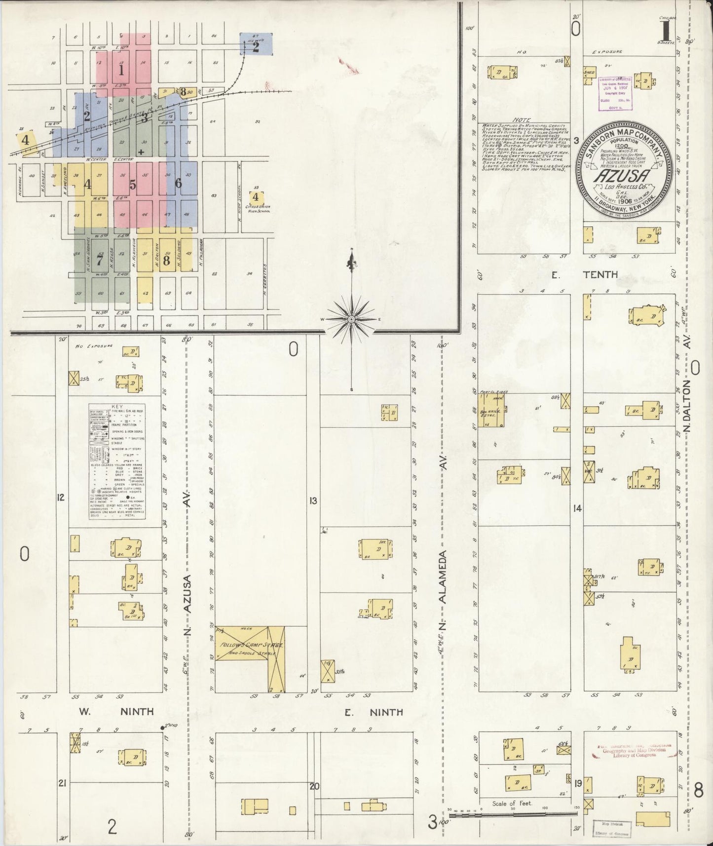 Sanborn Fire Insurance Map from Azusa, Los Angeles County, California (1906), Sheet #0001 - Historic Sanborn Fire Insurance Map Print, vintage old map wall art, antique decor, genealogy gift, California California map