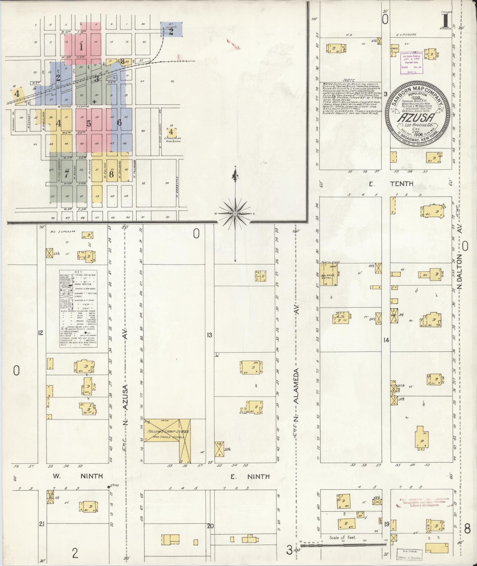 Sanborn Fire Insurance Map from Azusa, Los Angeles County, California (1906), Sheet #0001 - Historic Sanborn Fire Insurance Map Print, vintage old map wall art, antique decor, genealogy gift, California California map