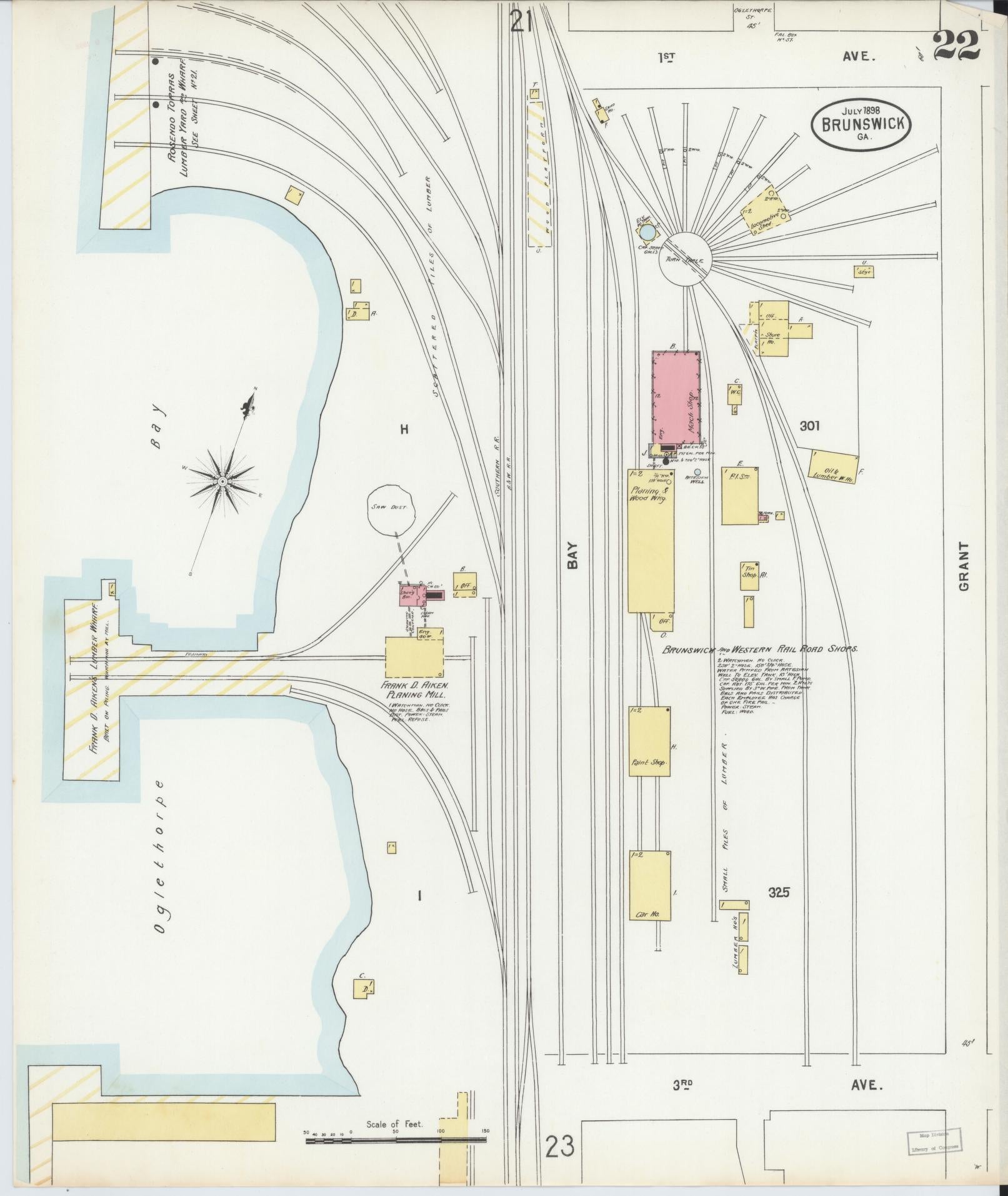 Sanborn Fire Insurance Map from Brunswick, Glynn County, Georgia (1898), Sheet #0022 - Complete Map Set gallery image, historic Sanborn map, vintage wall art, Georgia Georgia
