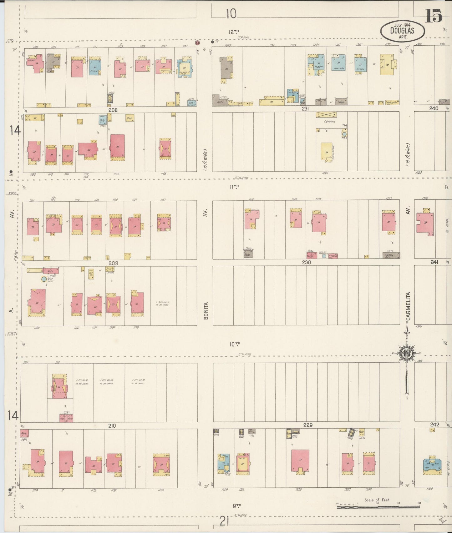 Sanborn Fire Insurance Map from Douglas, Cochise County, Arizona (1914), Sheet #0015 - Historic Sanborn Fire Insurance Map Print, vintage old map wall art, antique decor, genealogy gift, Arizona Arizona map
