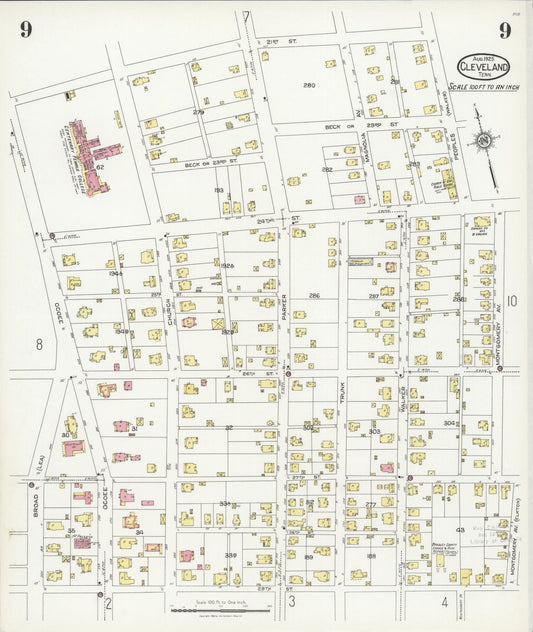 Sanborn Fire Insurance Map from Cleveland, Bradley County, Tennessee (1925), Sheet #0009 - Historic Sanborn Fire Insurance Map Print, vintage old map wall art, antique decor, genealogy gift, Tennessee Tennessee map