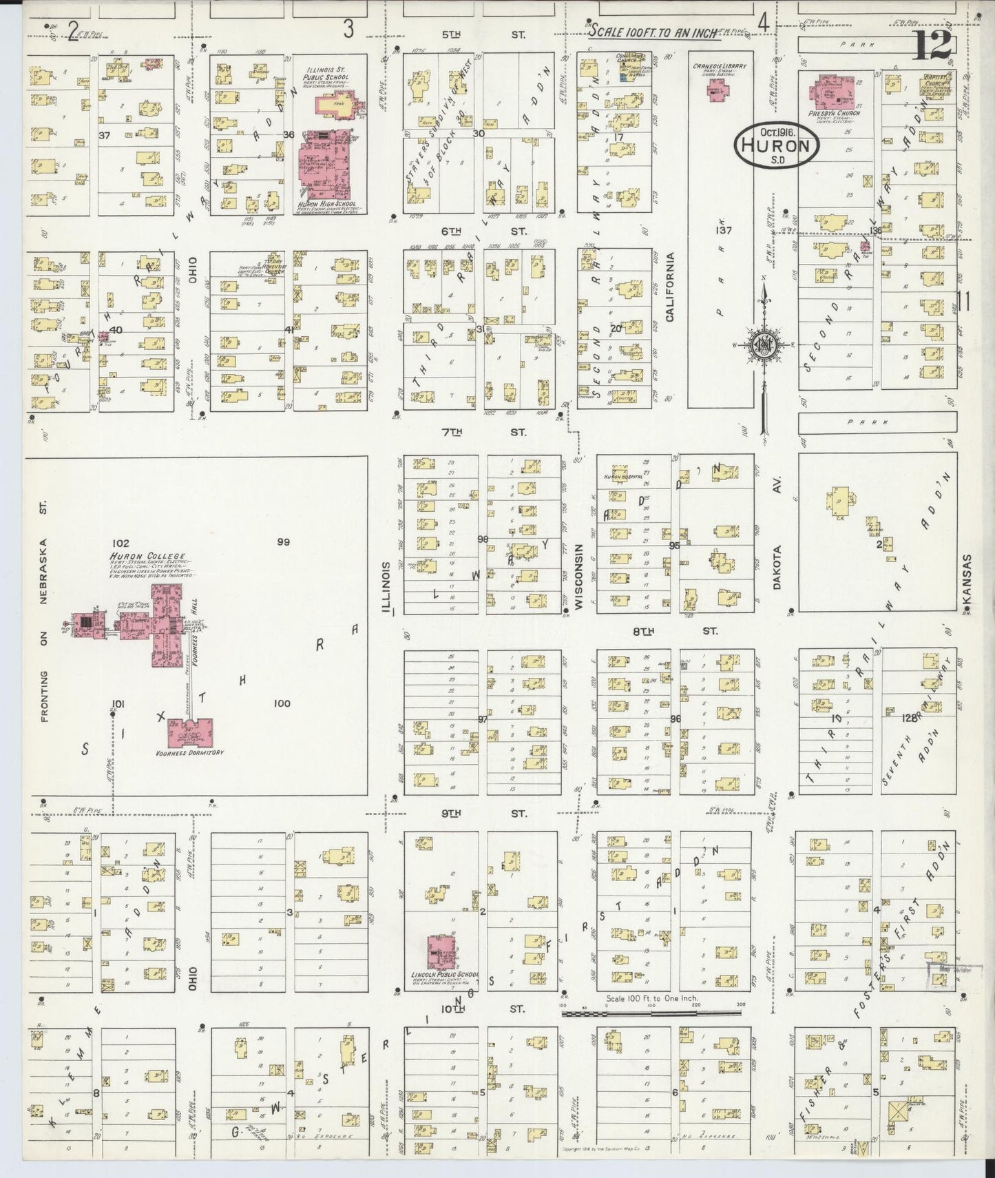 Sanborn Fire Insurance Map from Huron, Beadle County, South Dakota (1916), Sheet #0012 - Complete Map Set gallery image, historic Sanborn map, vintage wall art, South Dakota South Dakota