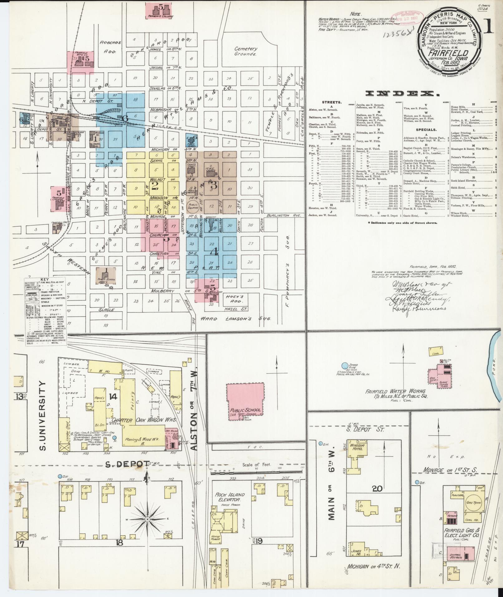 Sanborn Fire Insurance Map from Fairfield, Jefferson County, Iowa (1892), Sheet #0001 - Historic Sanborn Fire Insurance Map Print, vintage old map wall art